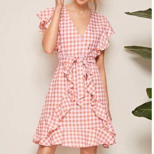 SHEIN | Surplice Neck Ruffle Trim Gingham Belted Dress